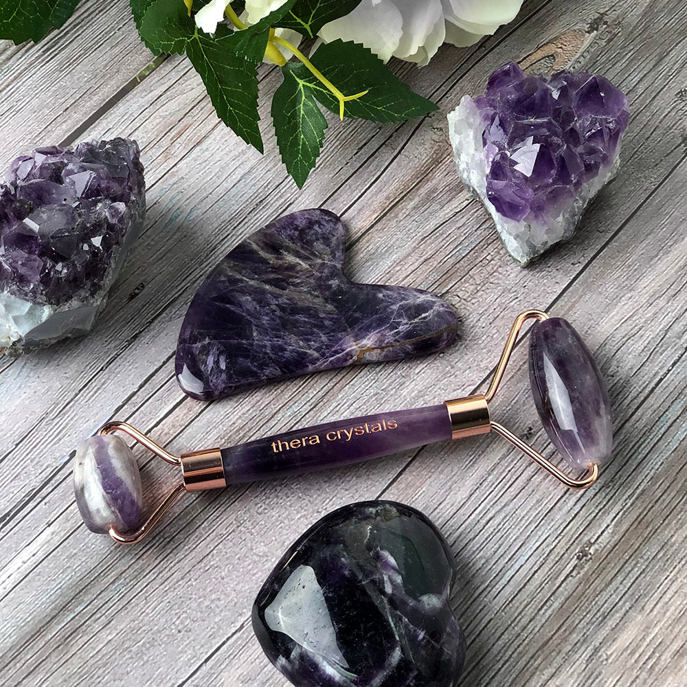 Amethyst Gua Sha And Crystal Roller Set Thera Crystals® | Gift Pack Value : $80.00