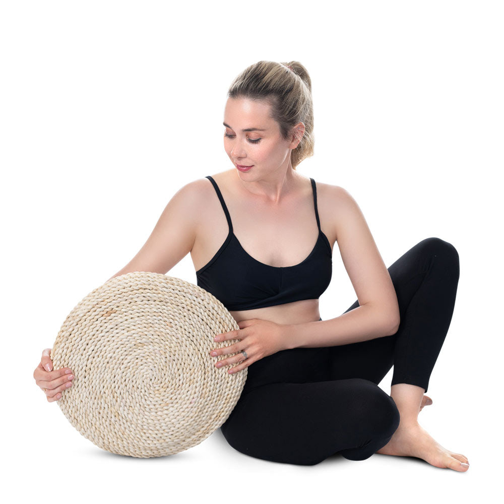 Meditation Cushion, handcrafted straw pouf with washable protector