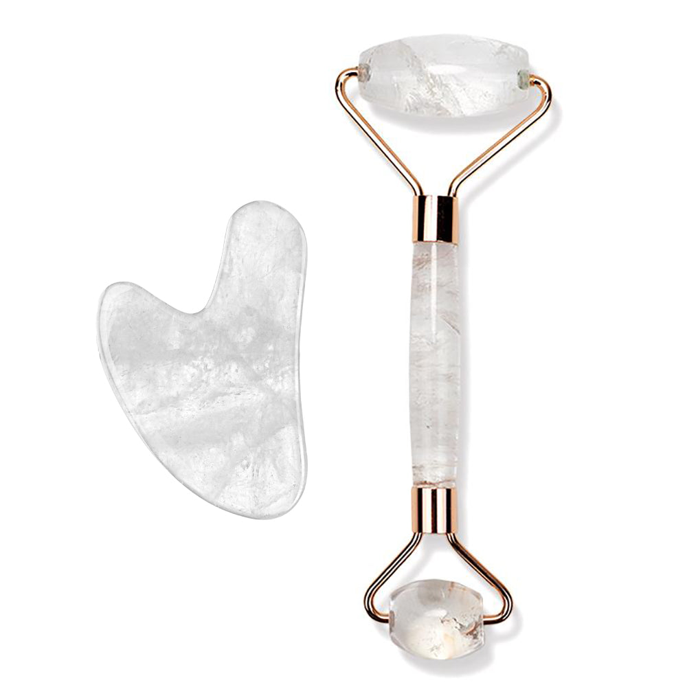 Clear Quartz Gua Sha And Crystal Roller Set Thera Crystals® | Gift Pack Value : $72.00