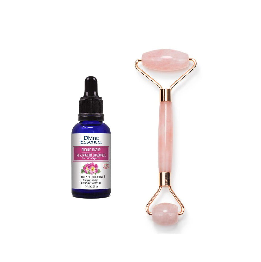 Skincare-Rose Quartz Facial Roller, Rosehip Organic Beauty Oil