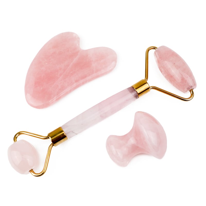 Rose Quartz Roller and Gua Sha set (3pcs) - Thera Crystals® | Gift Pack Value : $97