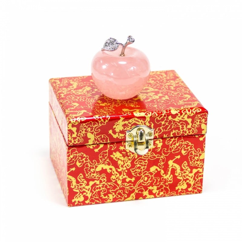 Natural Rose Quartz Crystal Carved Apple Statue with Alloy Leaf 2inches