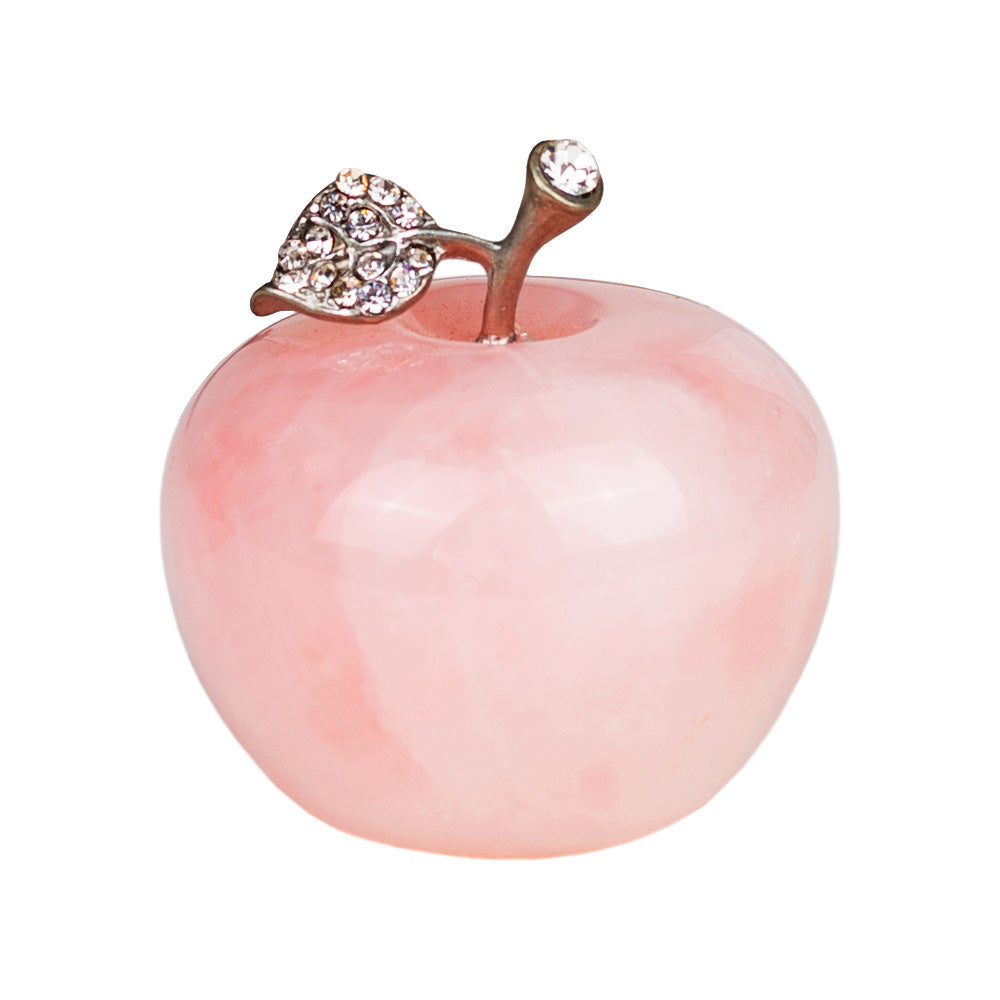 Natural Rose Quartz Crystal Carved Apple Statue with Alloy Leaf 2inches