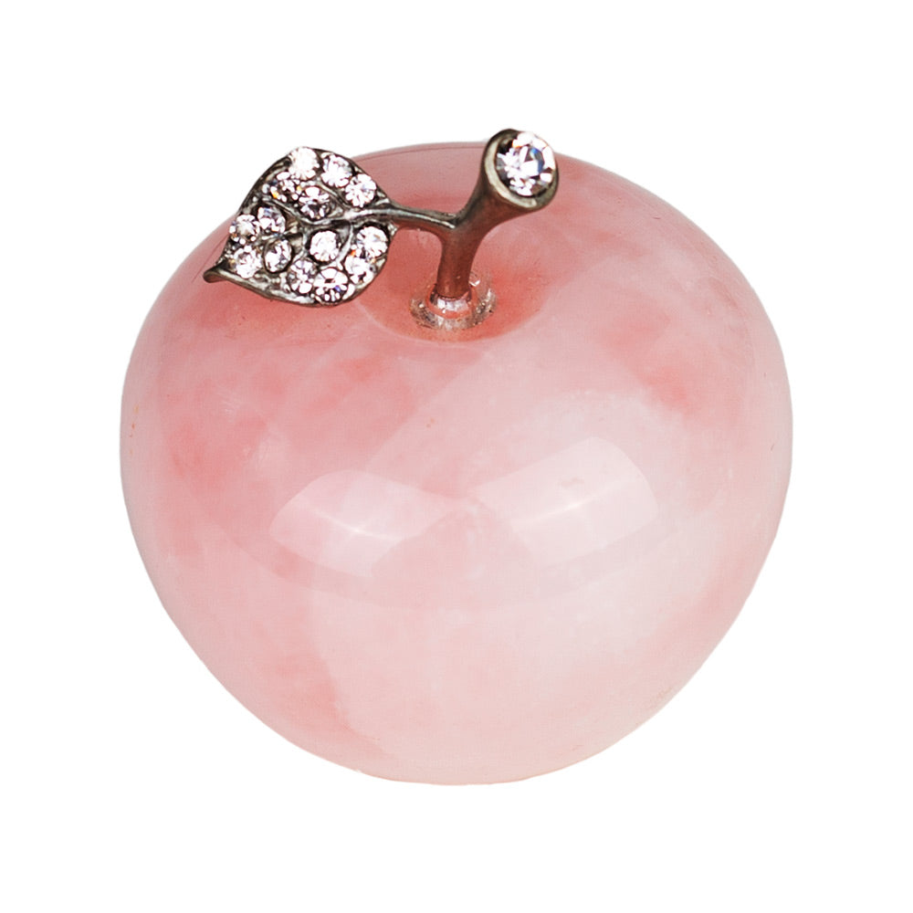 Natural Rose Quartz Crystal Carved Apple Statue with Alloy Leaf 1.68inches